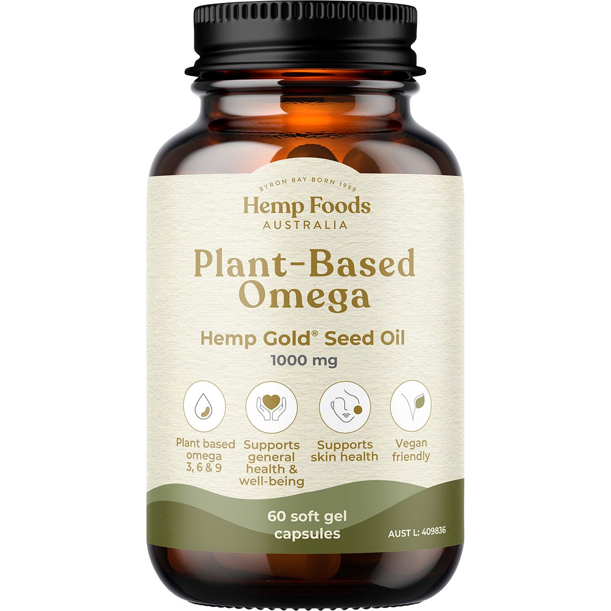 Hemp Foods Australia Plant Based Omega 60 capsules with Hemp Gold Seed Oil in a white bottle with gold and green accents.