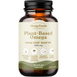 Hemp Foods Australia Plant Based Omega 60 capsules with Hemp Gold Seed Oil in a white bottle with gold and green accents.