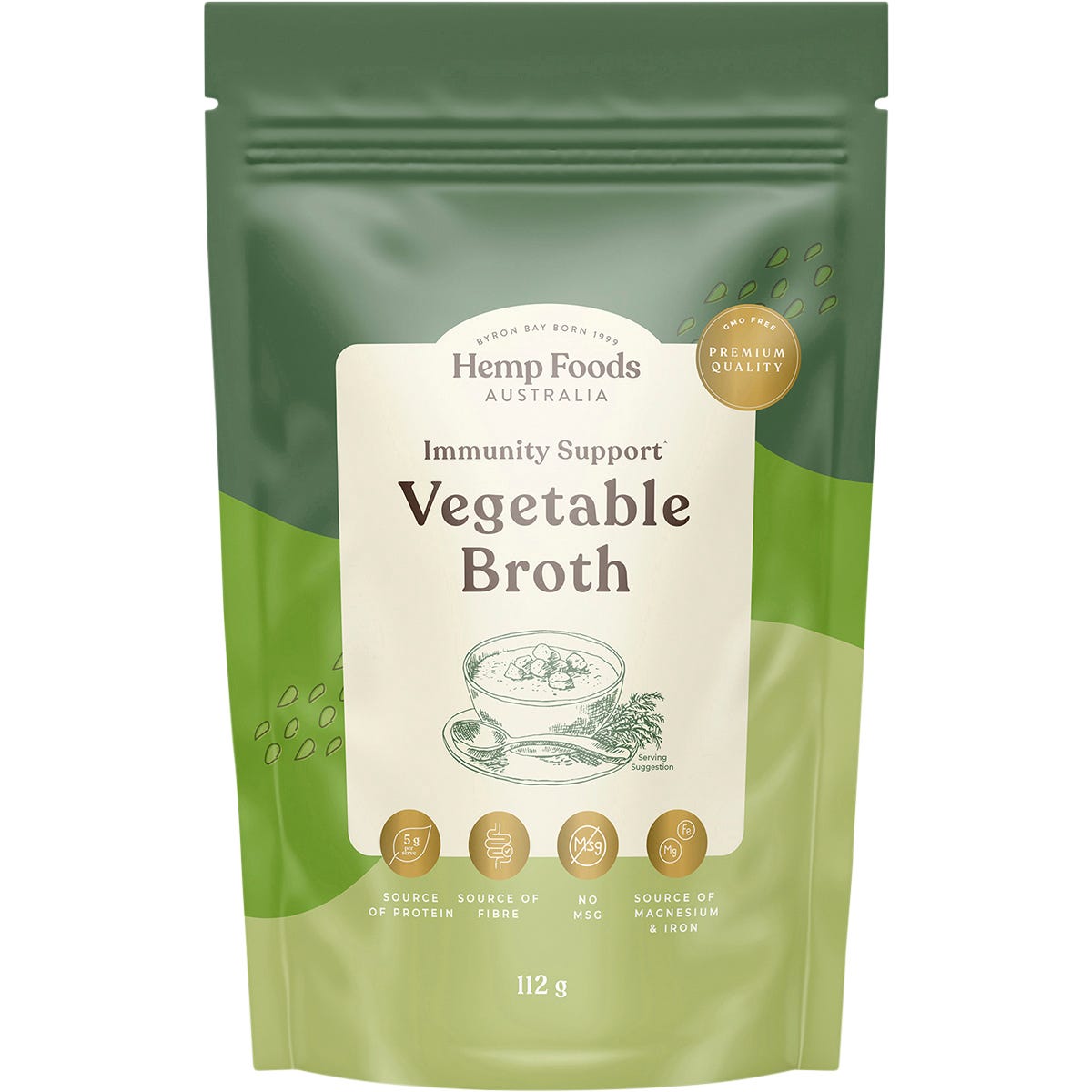 Hemp Foods Australia Vegetable Broth Immunity Support 112g bag with vegetable and hemp illustrations.