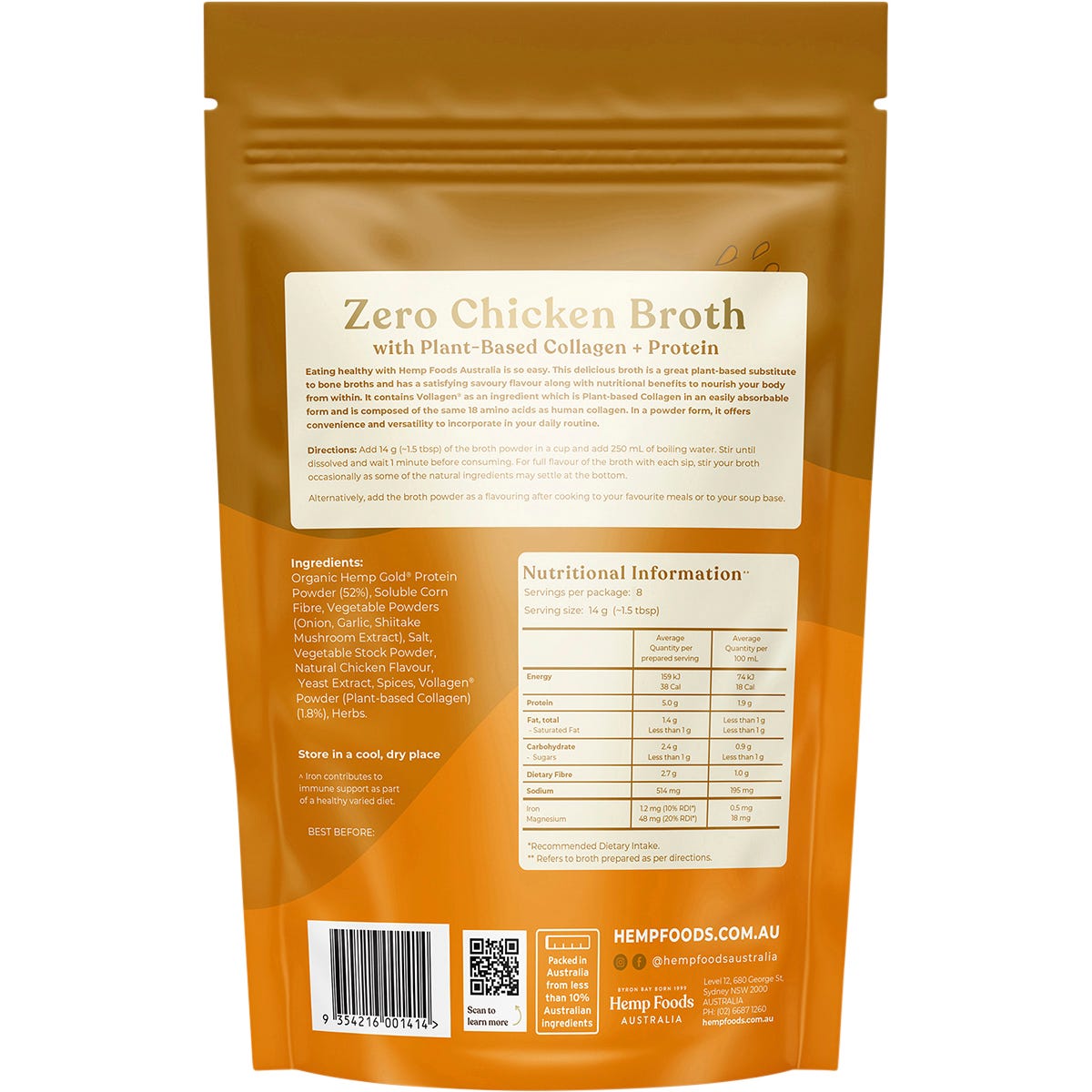 Hemp Foods Australia Zero Chicken Broth 112g tub for immunity support with plant-based collagen and protein.