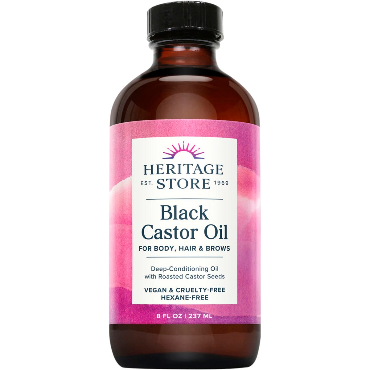 Heritage Store Black Castor Oil 237ml glass bottle for deep conditioning hair and skin care.