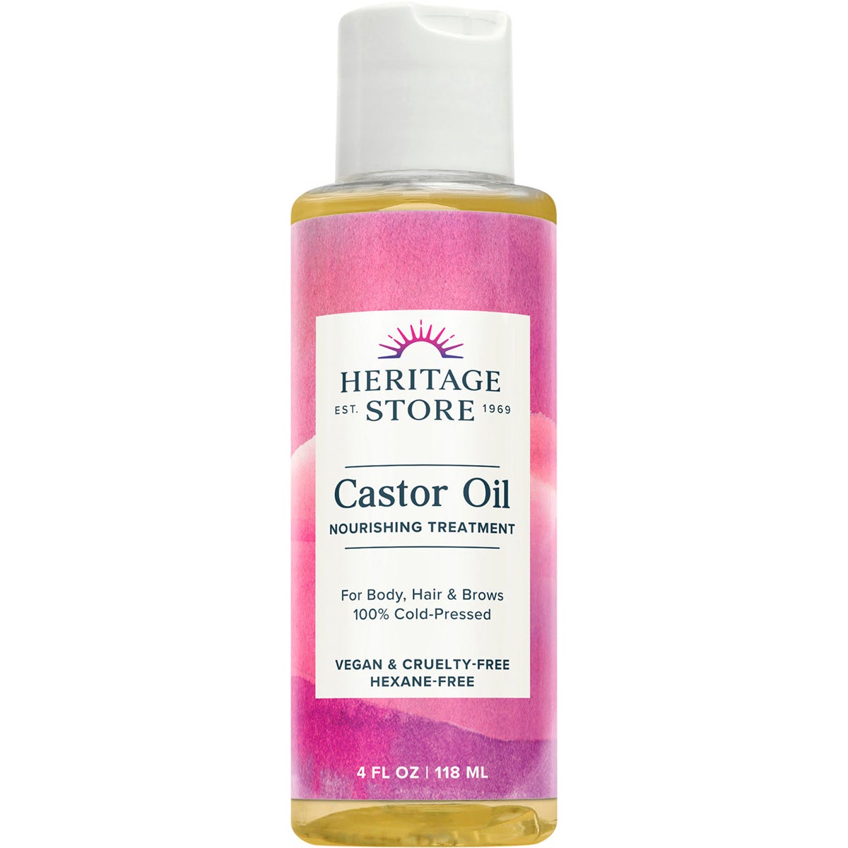 118ml bottle of Heritage Store 100% Cold Pressed Castor Oil for hair and skin care on a white background.