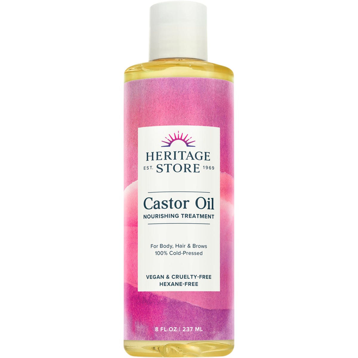 237ml glass bottle of Heritage Store 100% cold-pressed castor oil for hair, skin, and brows on a white background.