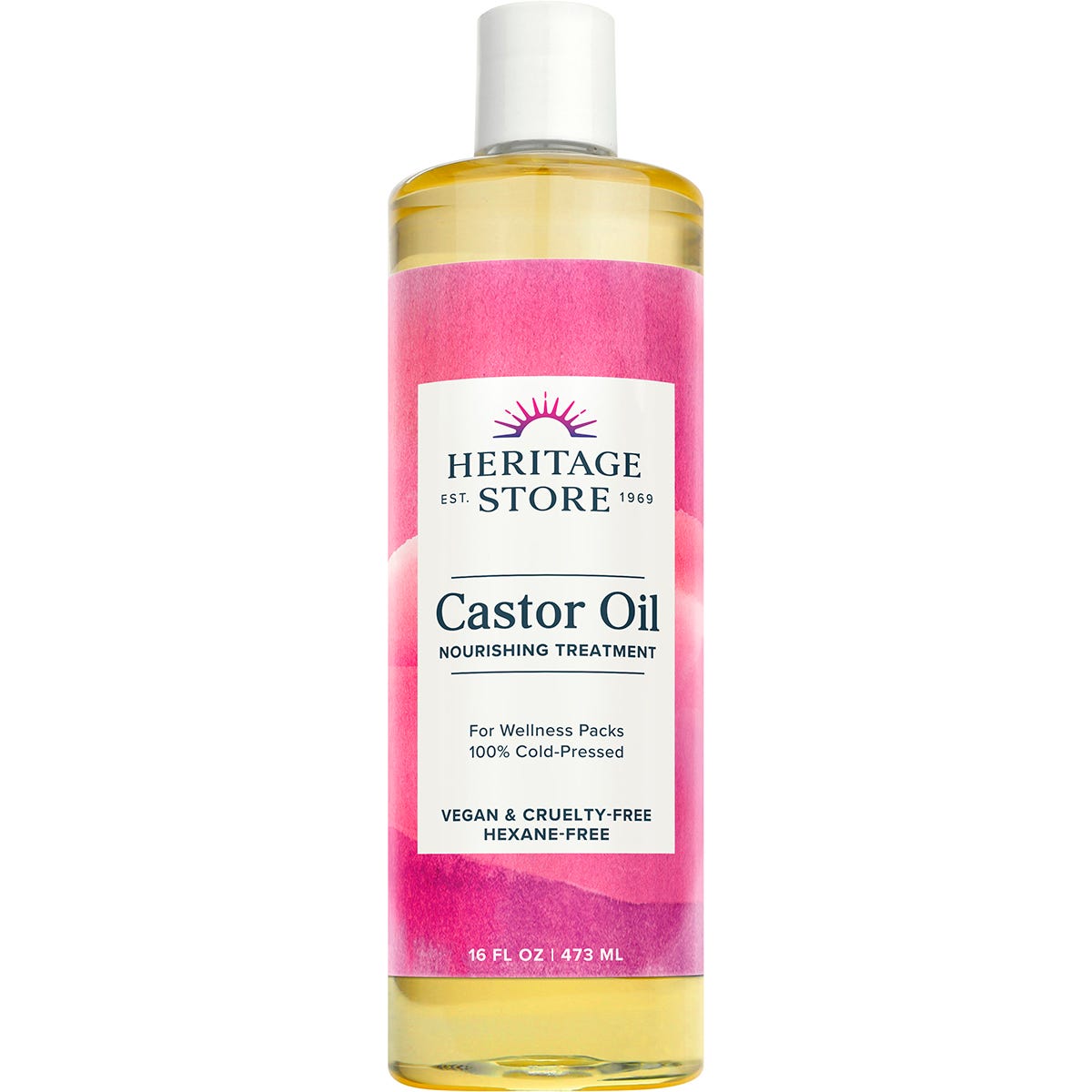 473ml bottle of Heritage Store 100% Cold Pressed Castor Oil with a white and blue label on a white background.
