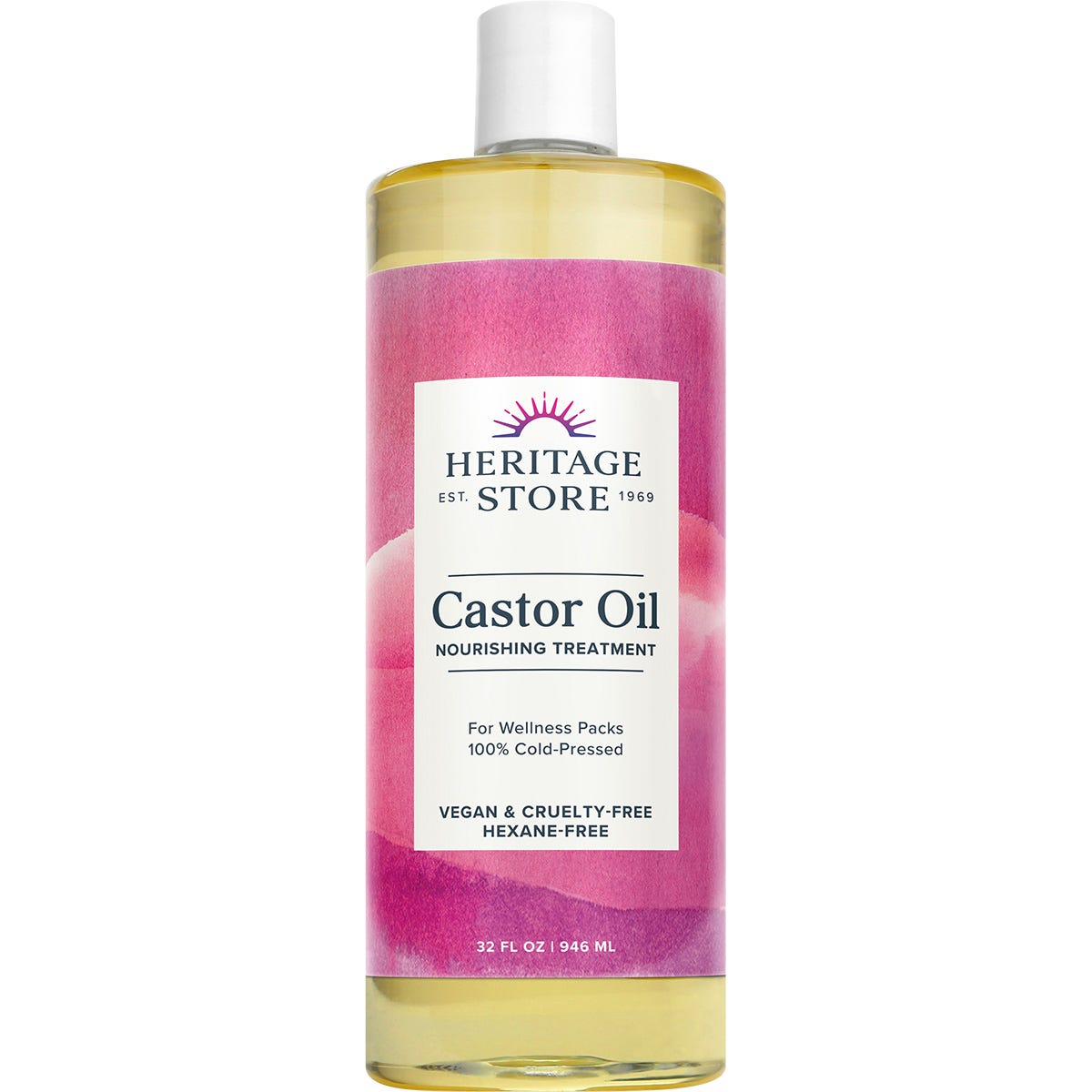 946ml glass bottle of Heritage Store 100% cold-pressed castor oil for hair, skin, and wellness rituals.