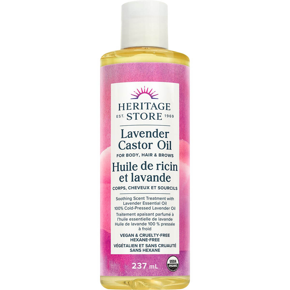 237ml bottle of Heritage Store Lavender Castor Oil for body, hair, and brows on a white background.