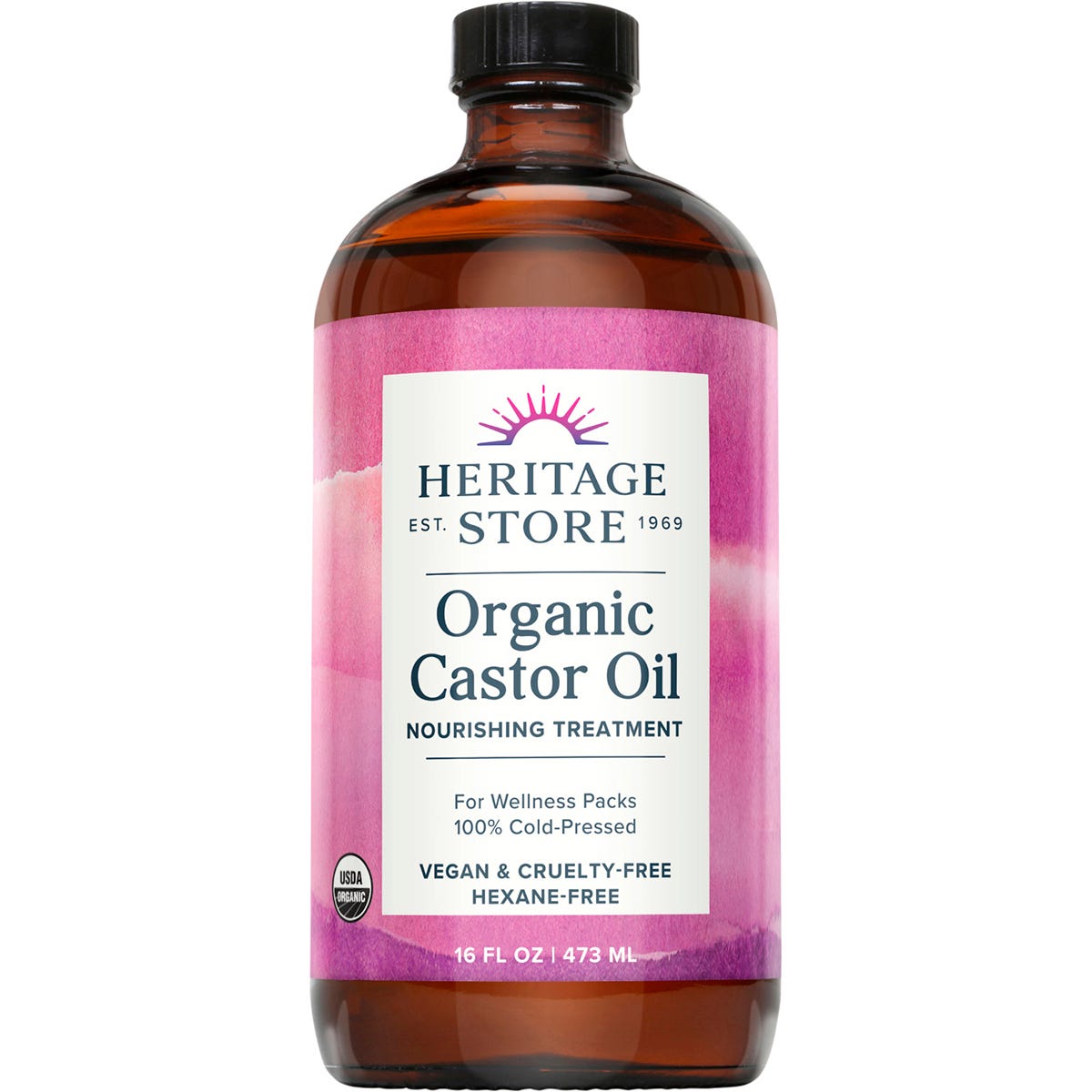 473ml bottle of Heritage Store Organic Castor Oil, cold-pressed and hexane-free, on a white background.