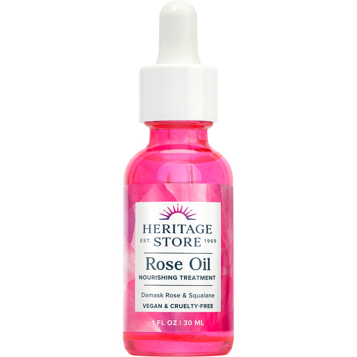 Heritage Store Rose Oil 30ml bottle with Damask rose and squalane for radiant-looking skin.