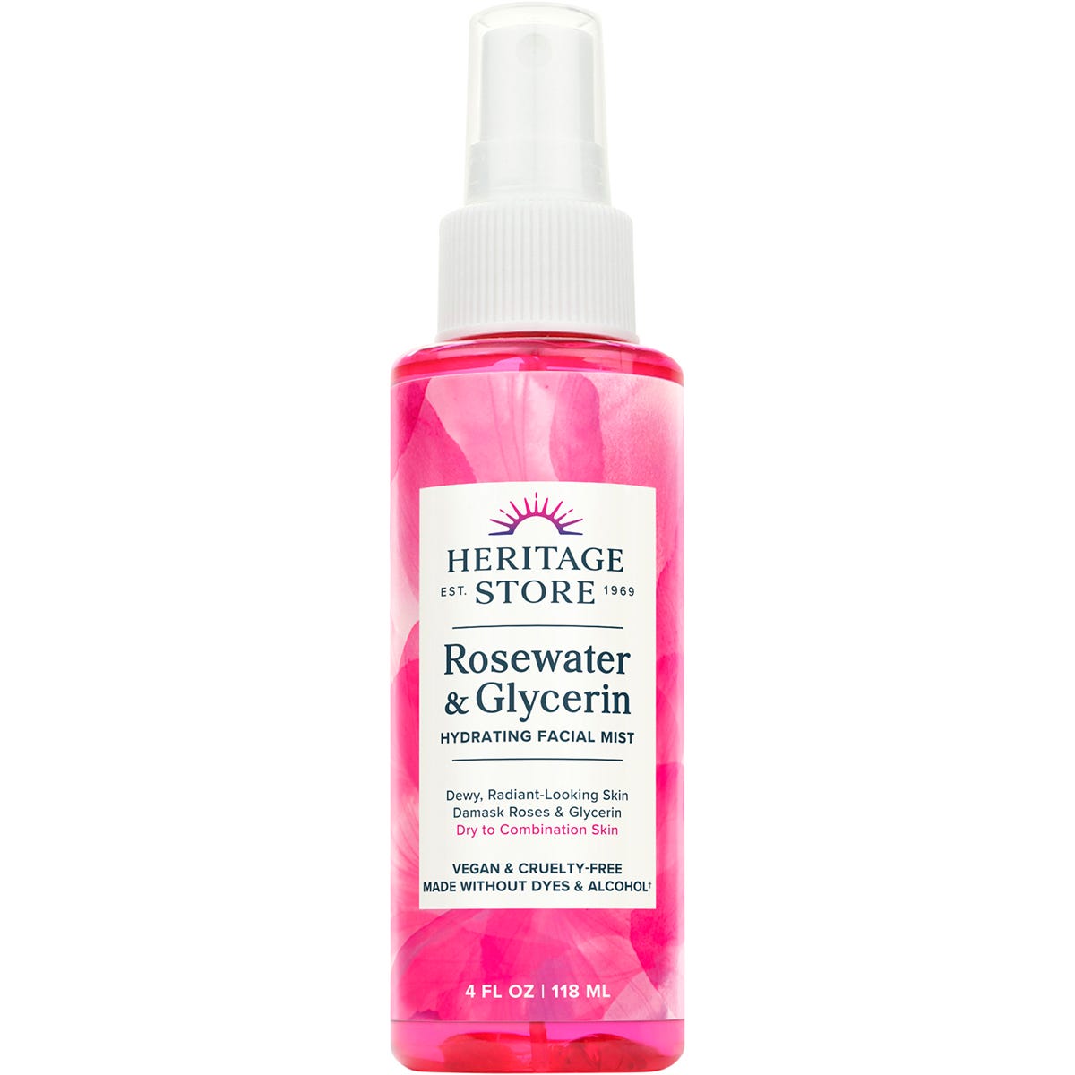 Pink 118ml spray bottle of Heritage Store Rosewater & Glycerin Hydrating Facial Mist on a white background.
