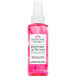 Pink 118ml spray bottle of Heritage Store Rosewater & Glycerin Hydrating Facial Mist on a white background.