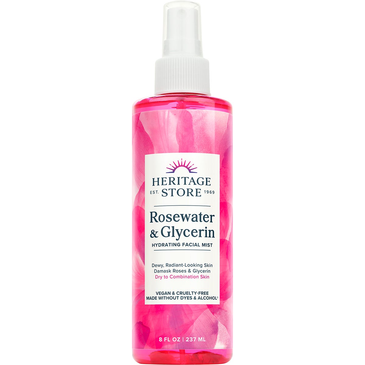 237ml pink bottle of Heritage Store Rosewater and Glycerin Hydrating Facial Mist with a white spray pump lid.