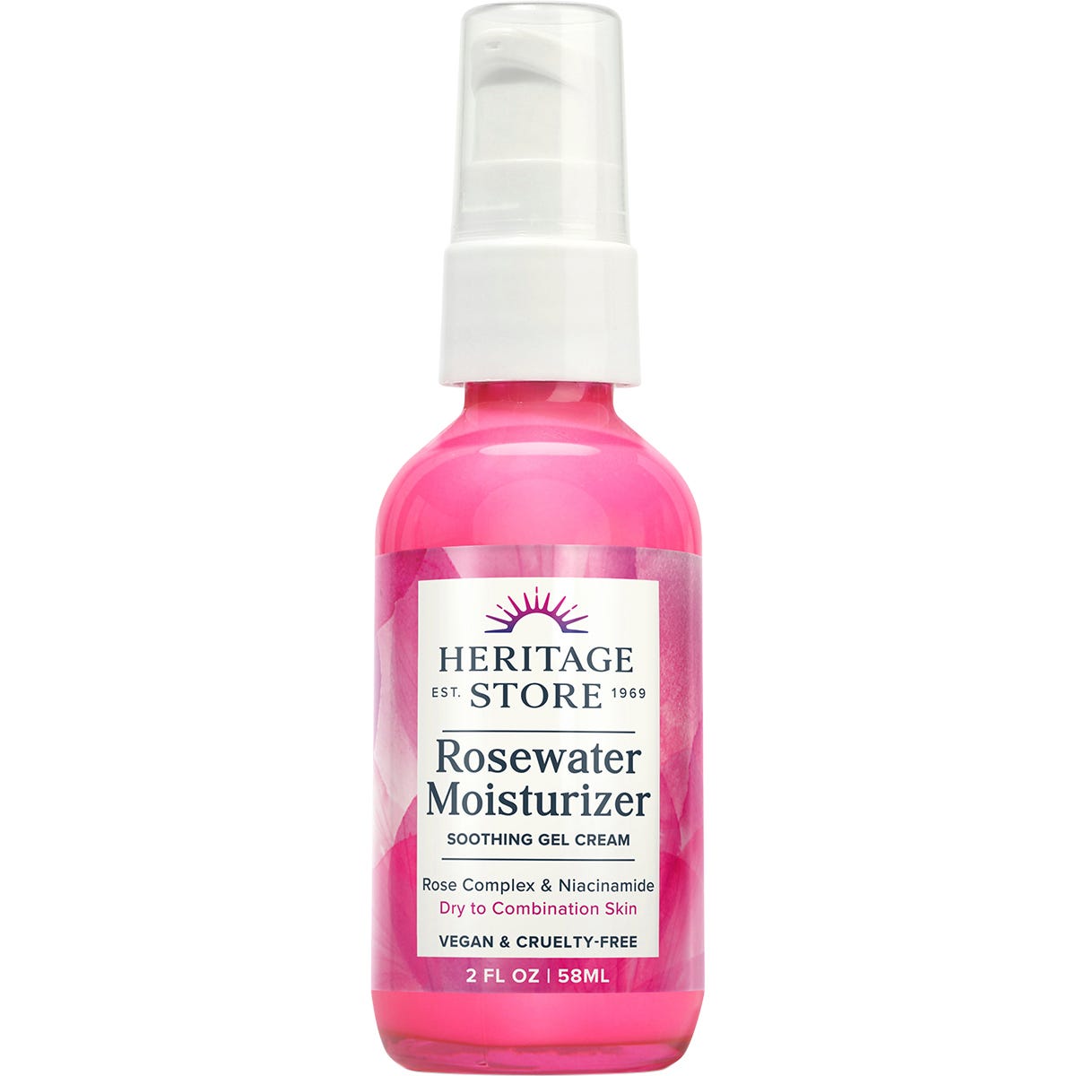 58ml jar of Heritage Store Rosewater Moisturizer for dry to combination skin with a pink and white label.