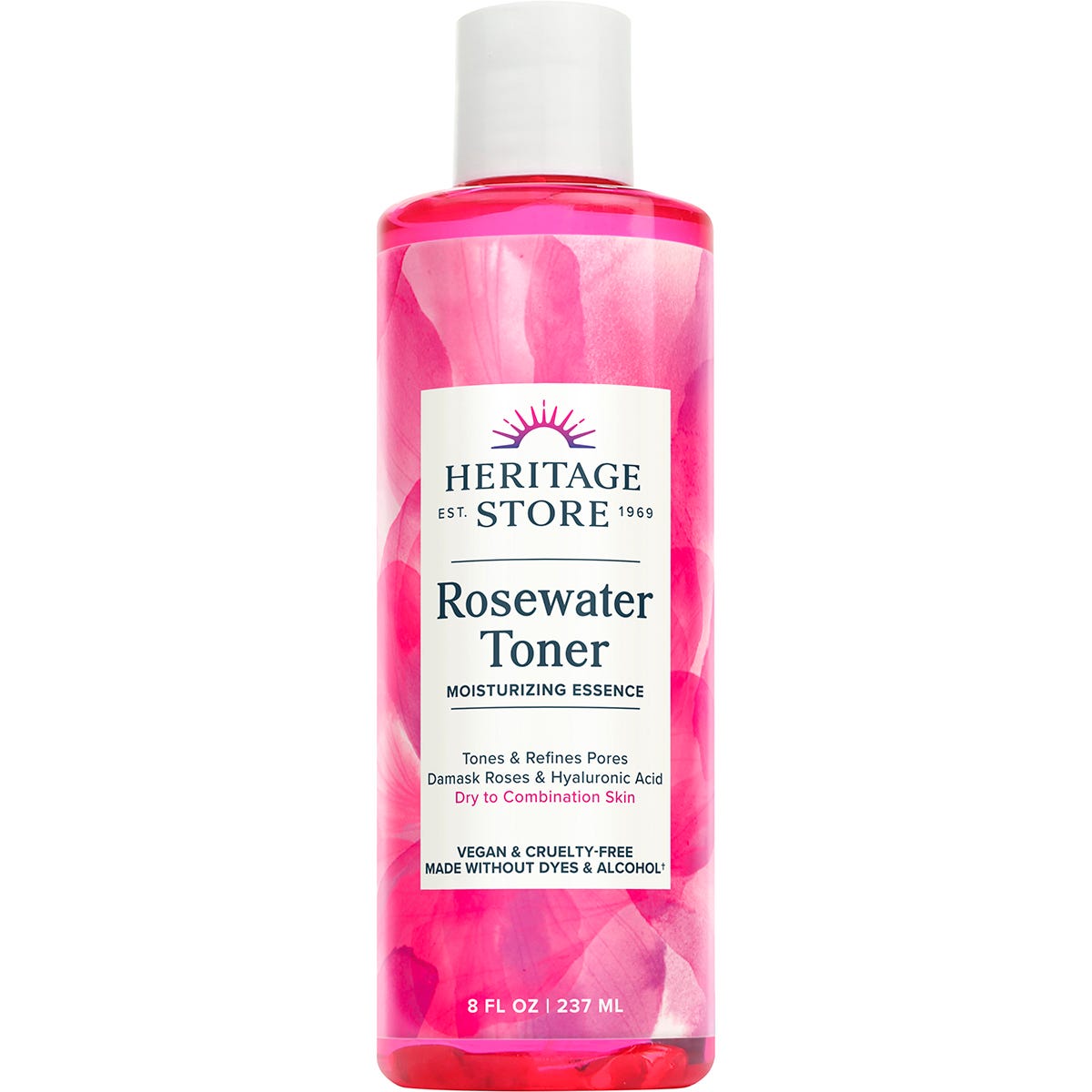 237ml pink bottle of Heritage Store Rosewater Toner for dry to combination skin with a white cap on a white background.