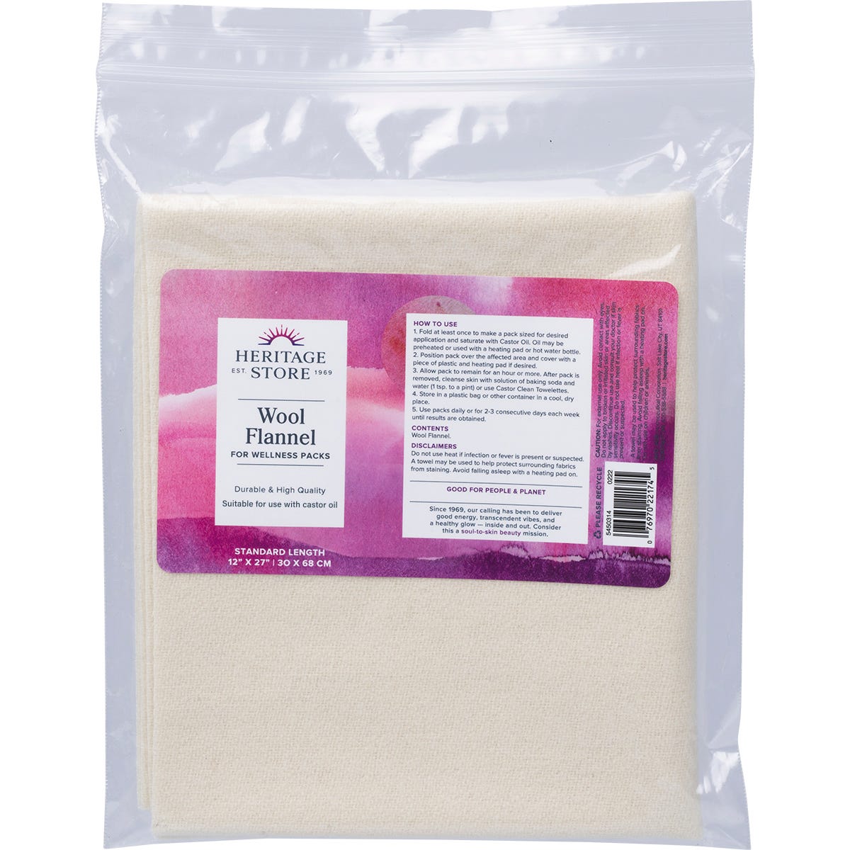 Natural unbleached Heritage Store Wool Flannel cloth for castor oil packs, 12x27 inches, shown in clear packaging.