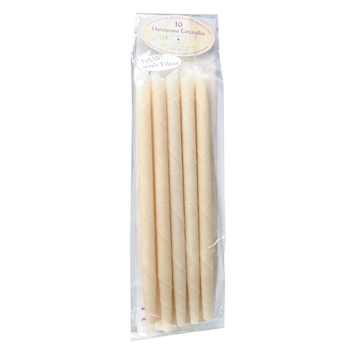10-pack of Honeycone Ear Candles with filters, made from 100% unbleached cotton and natural beeswax.