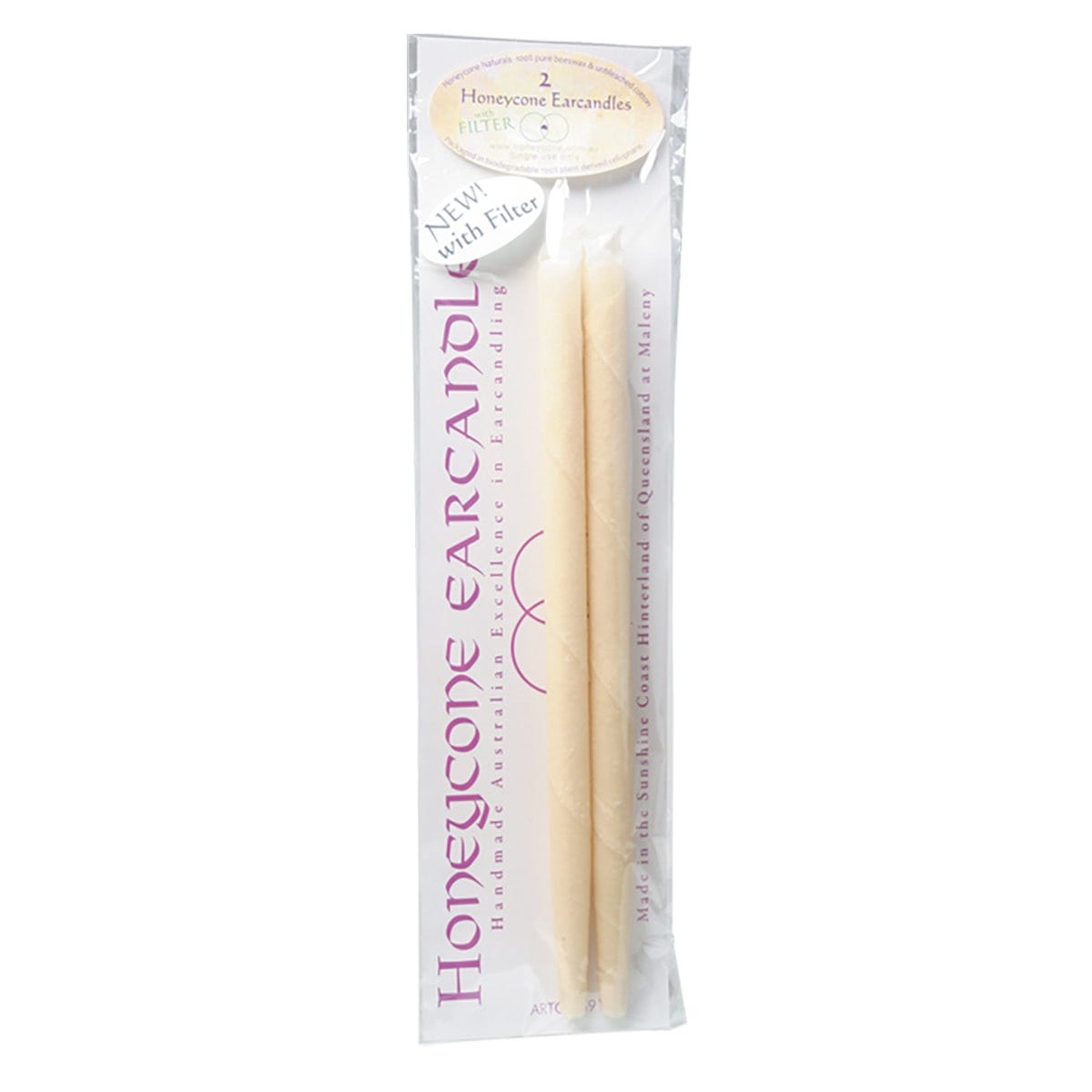 Two Honeycone ear candles made of 100% unbleached cotton and beeswax with built-in filters on a white background.