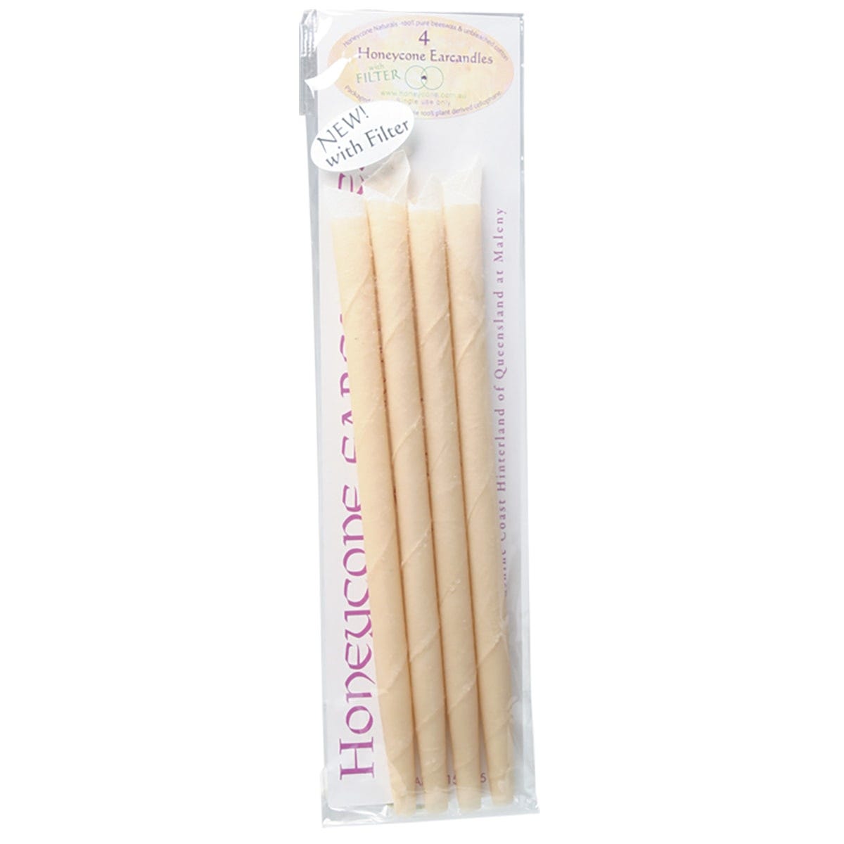 Honeycone Ear Candles 4-pack featuring 100% unbleached cotton and built-in filters for ear wax removal.