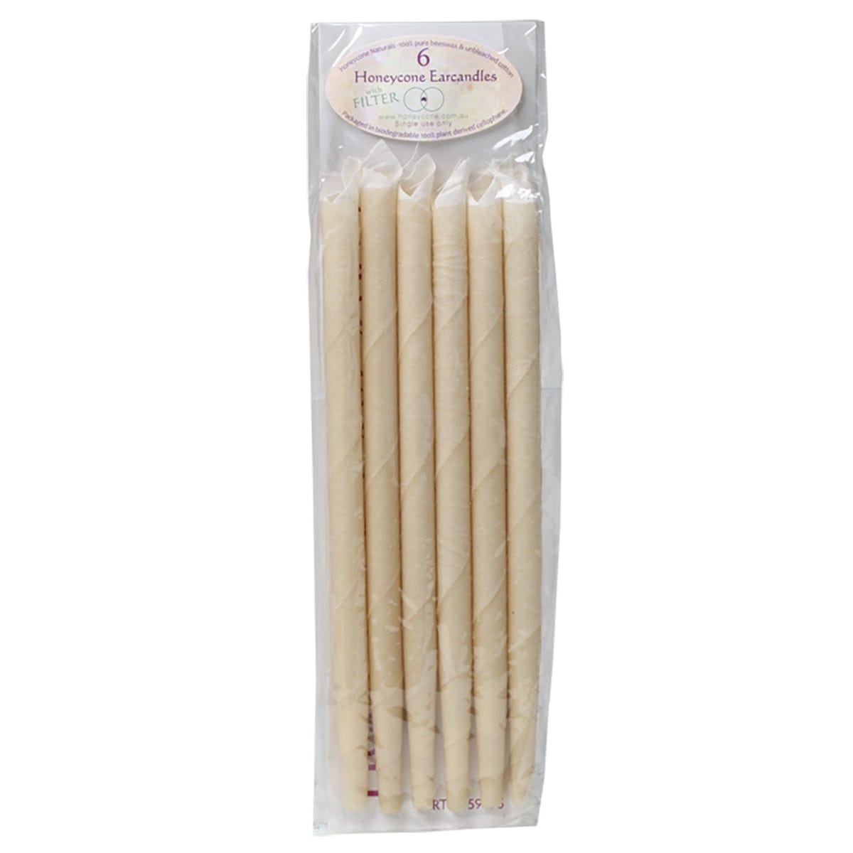 Six pack of Honeycone ear candles made from 100% unbleached cotton and beeswax, featuring built-in filters.