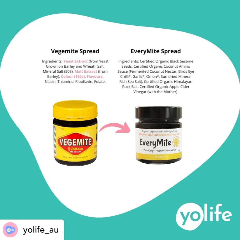 Close-up of EveryMite Reduced Aussie Salt on a slice of toast with fresh avocado and hemp seeds.