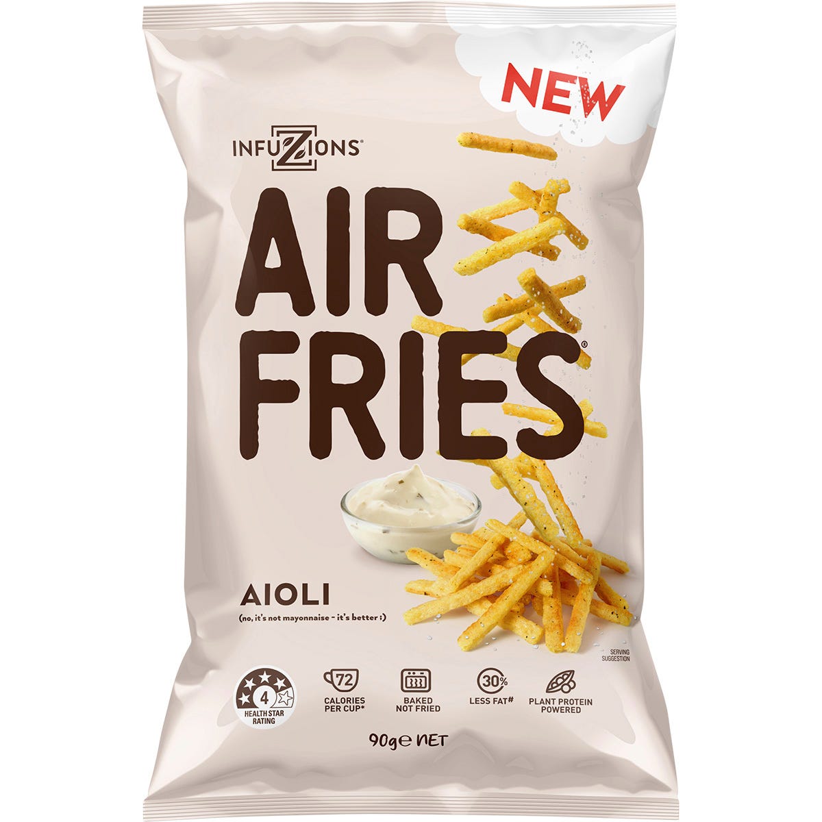 90g bag of Infuzions Air Fries Aioli, light and crunchy plant-based snacks made from Australian yellow split peas.