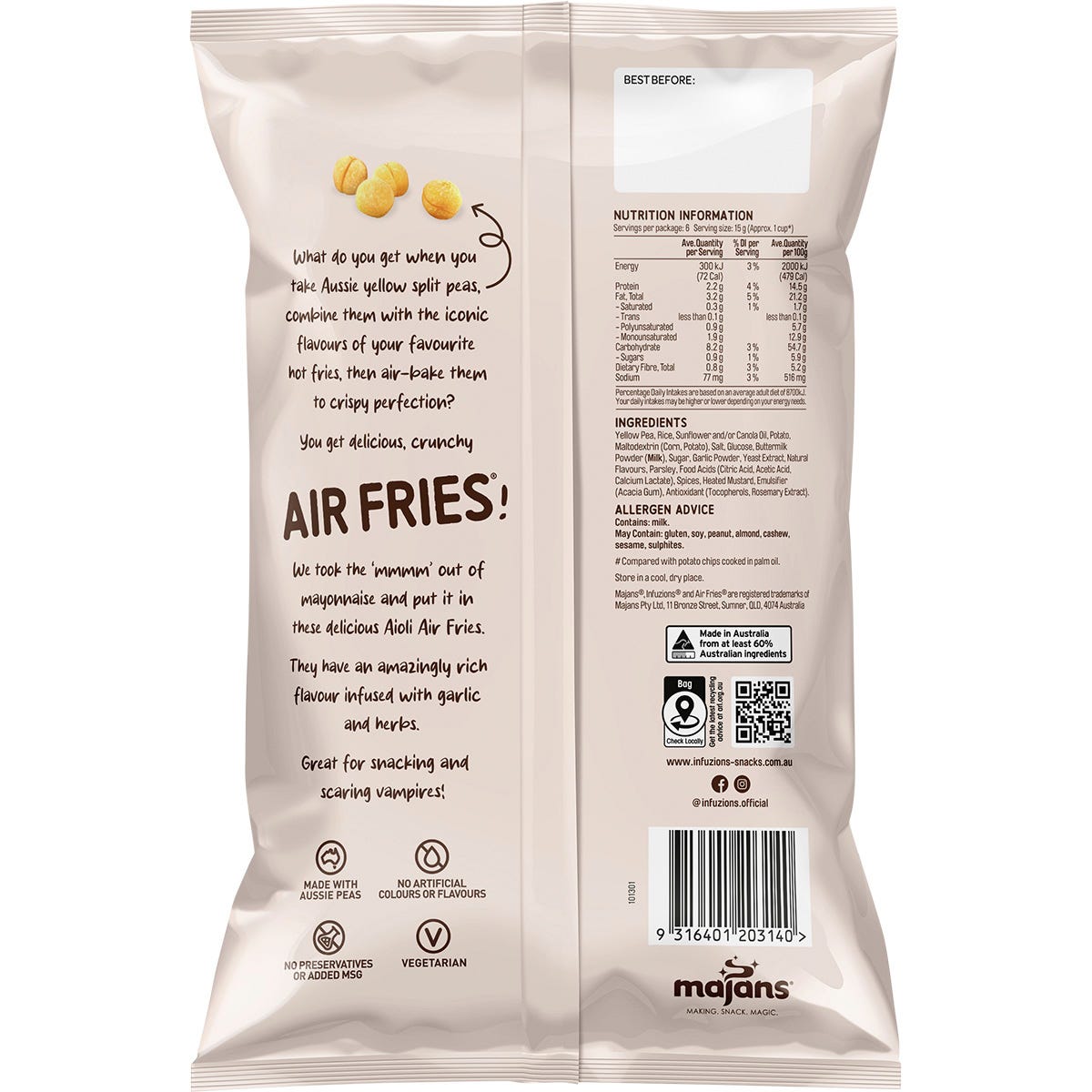 Back of Infuzions Air Fries Aioli 90g bag showing nutritional facts and ingredients on a white background.