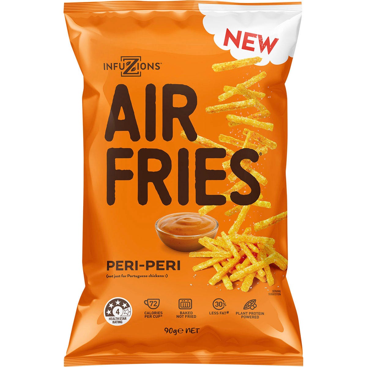Infuzions Air Fries Peri-Peri 90g bag featuring a 4-star health rating and Australian split pea plant protein.