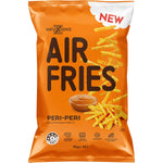 Infuzions Air Fries Peri-Peri 90g bag featuring a 4-star health rating and Australian split pea plant protein.