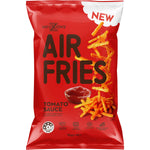 90g bag of Infuzions Tomato Sauce Air Fries featuring crispy, air-baked pea-based snacks on a red and white package.