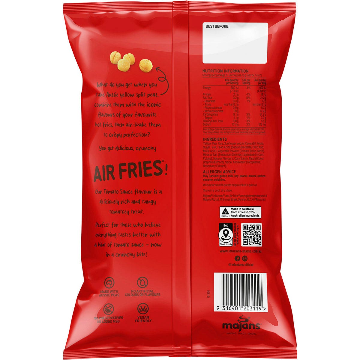 The back of an Infuzions Tomato Sauce Air Fries 90g bag showing nutritional facts, ingredients, and a 4-star health rating.