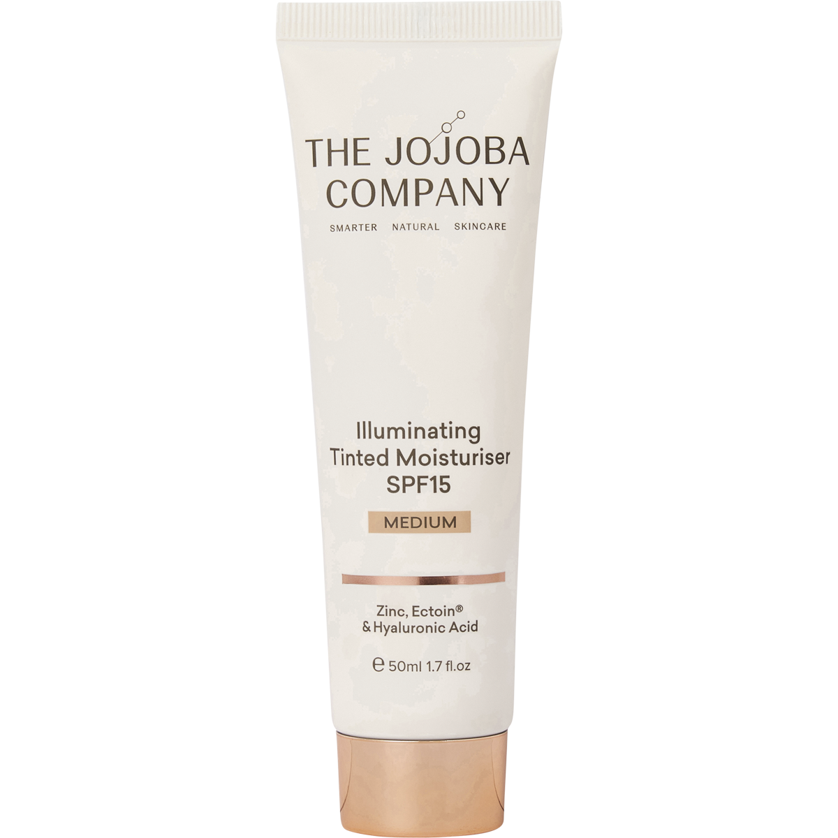 50ml tube of The Jojoba Company Illuminating Tinted Moisturiser SPF15 in Medium, featuring a white and gold label.