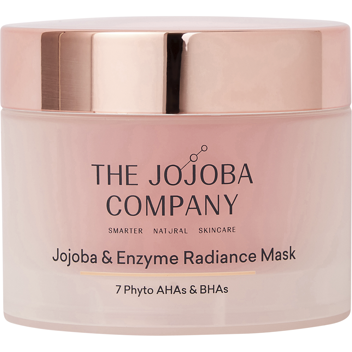 50ml white tub of The Jojoba Company Jojoba and Enzyme Radiance Mask with gold and blue text on a white background.