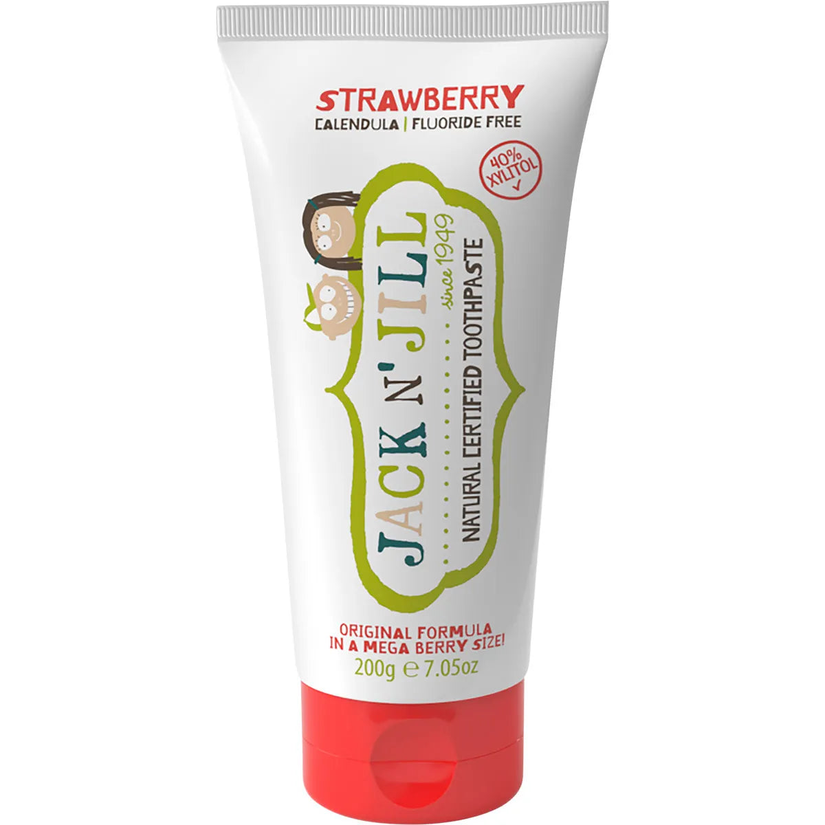 Six 200g tubes of Jack N' Jill strawberry kids' toothpaste with organic ingredients and a flip-top cap.