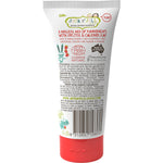 The back of a Jack N' Jill strawberry toothpaste tube showing ingredients, directions, and an Australian made logo.