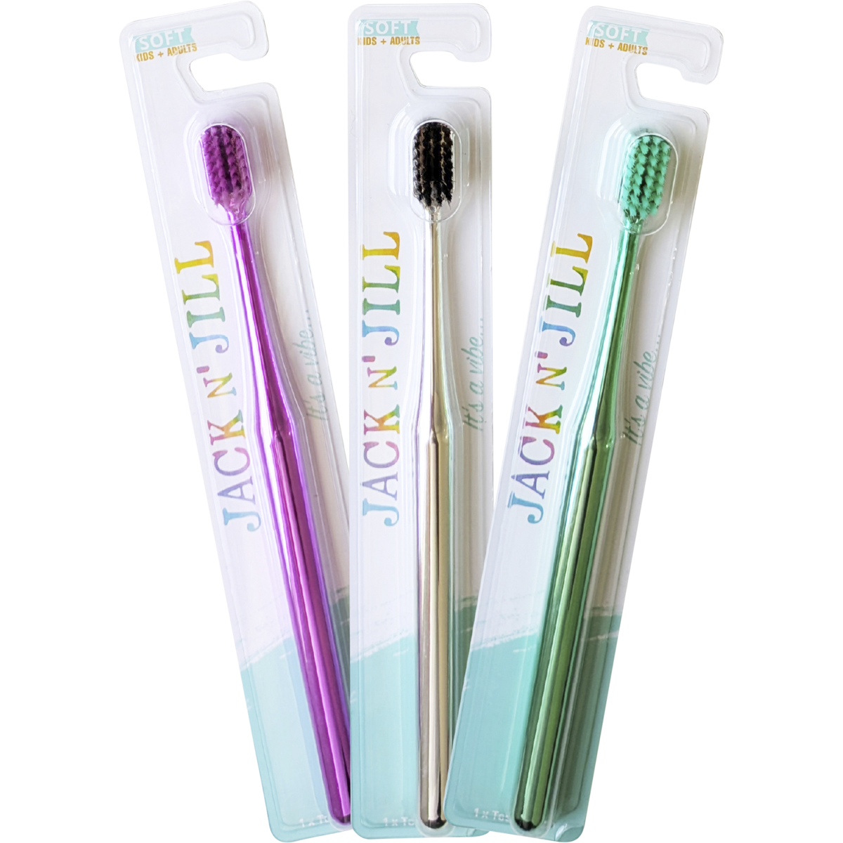 8-pack of Jack N' Jill Chrome Soft toothbrushes for kids and adults with soft bristles and ergonomic handles.