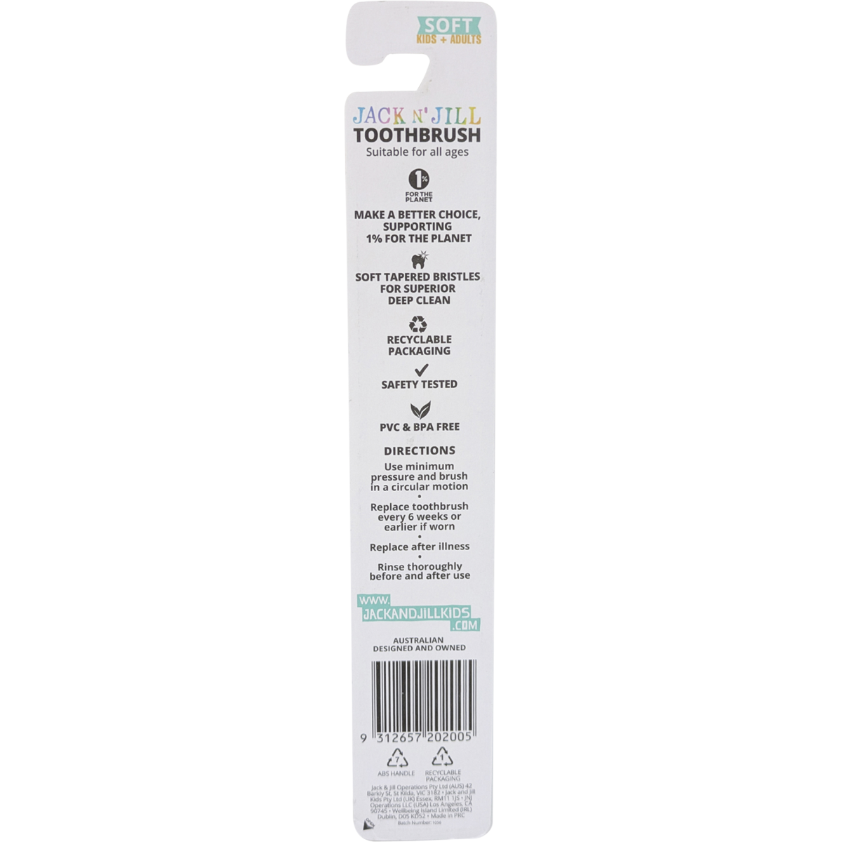 Back of an 8-pack of Jack N' Jill Chrome Soft toothbrushes showing product details and soft bristles.