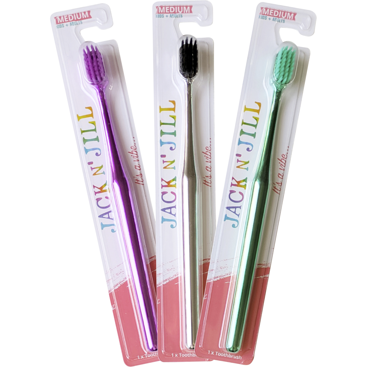 Jack N' Jill Chrome Medium Toothbrush featuring a sleek metallic handle and white tapered bristles.