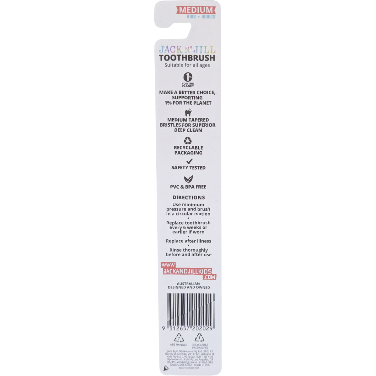 Back of packaging for Jack N' Jill Chrome Medium Toothbrush with product details and a white background.
