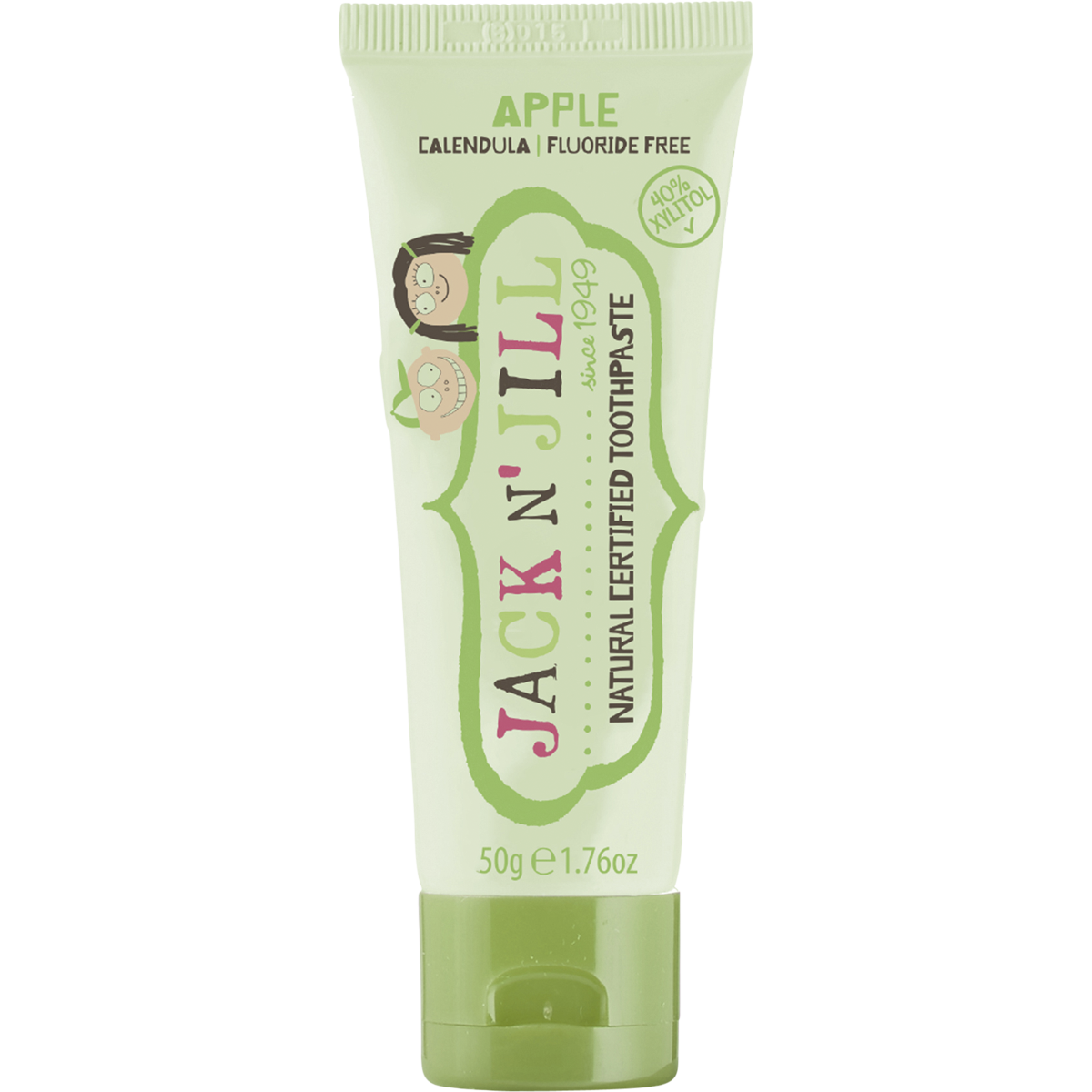 Jack N' Jill 50g kids' toothpaste tube in organic Apple flavor with a white and green design on a white background.