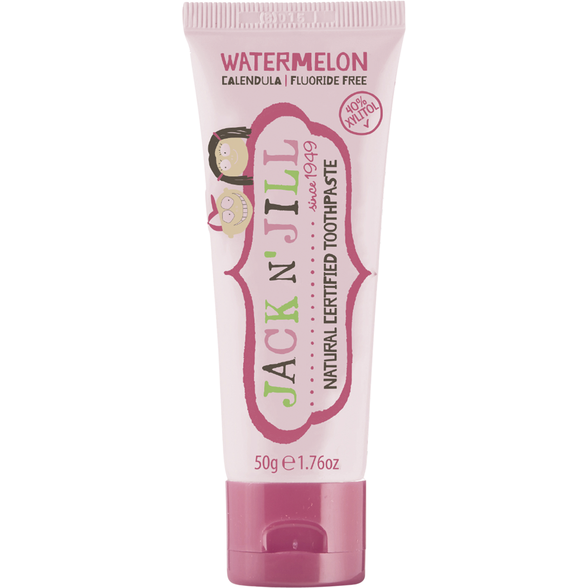 50g tube of Jack N' Jill kids toothpaste in organic Watermelon flavor with a white and pink design.