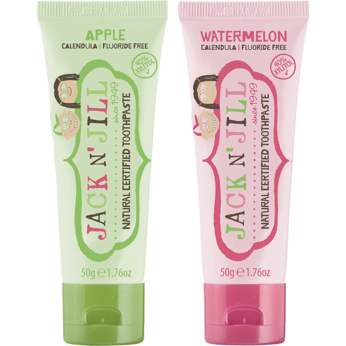 Six 50g tubes of Jack N' Jill kids toothpaste in Apple and Watermelon flavors, displayed together in a combo pack.