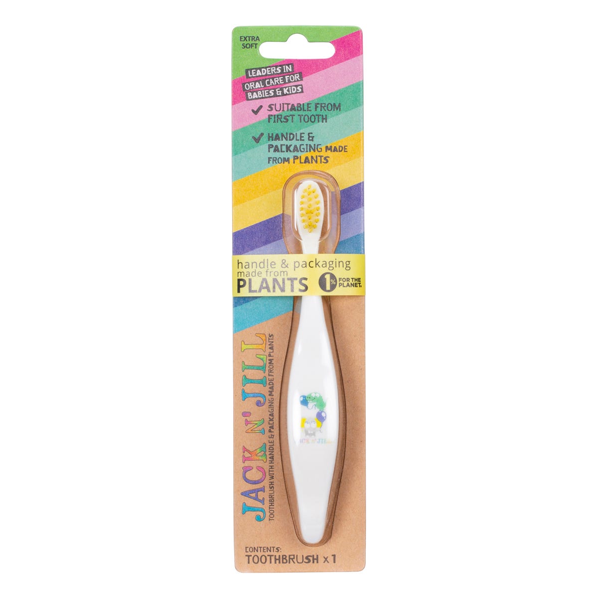 An 8-pack display of Jack N' Jill kids' toothbrushes with assorted colorful animal-themed compostable handles.