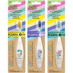 Eight Jack N' Jill kids toothbrushes with colorful animal-shaped compostable handles on a white background.