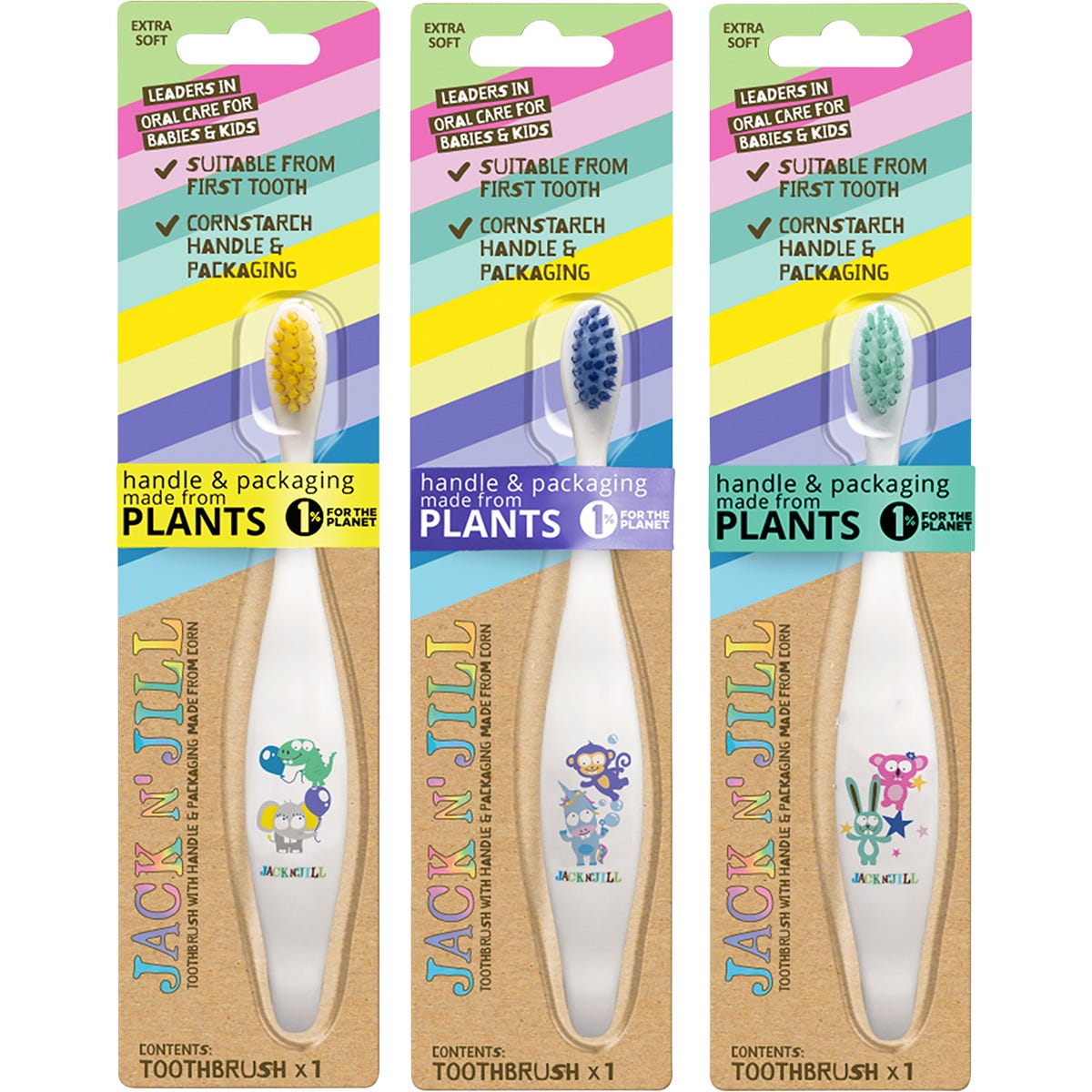Eight Jack N' Jill kids toothbrushes with colorful animal-shaped compostable handles on a white background.