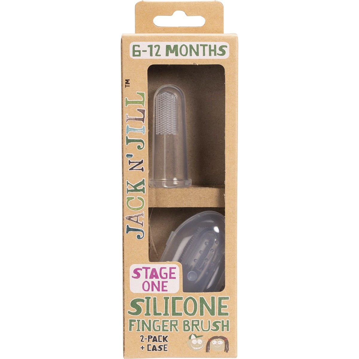Jack N' Jill 2-pack silicone finger brushes in a clear plastic travel case, designed for baby oral hygiene.