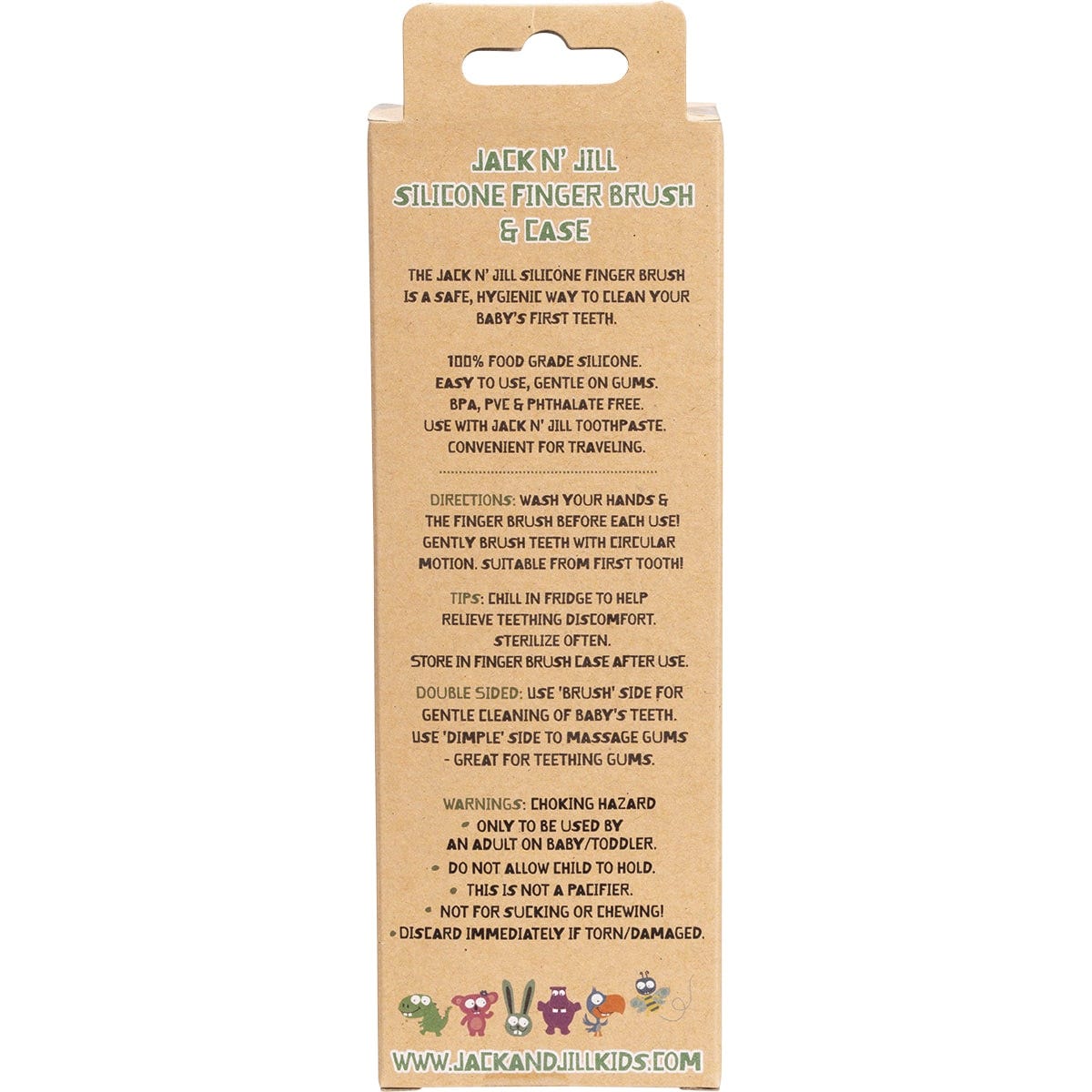 Back of Jack N' Jill Silicone Fingerbrush packaging showing product features, directions, and safety warnings.