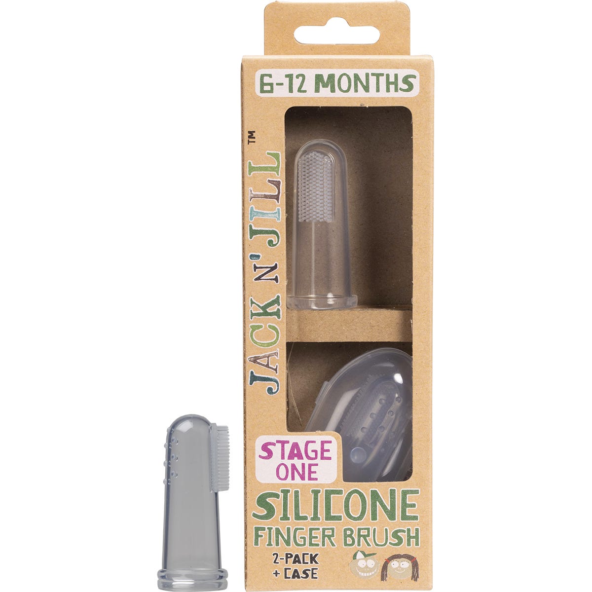 Two clear silicone finger brushes for babies, one in a travel case and one loose, shown on a white background.