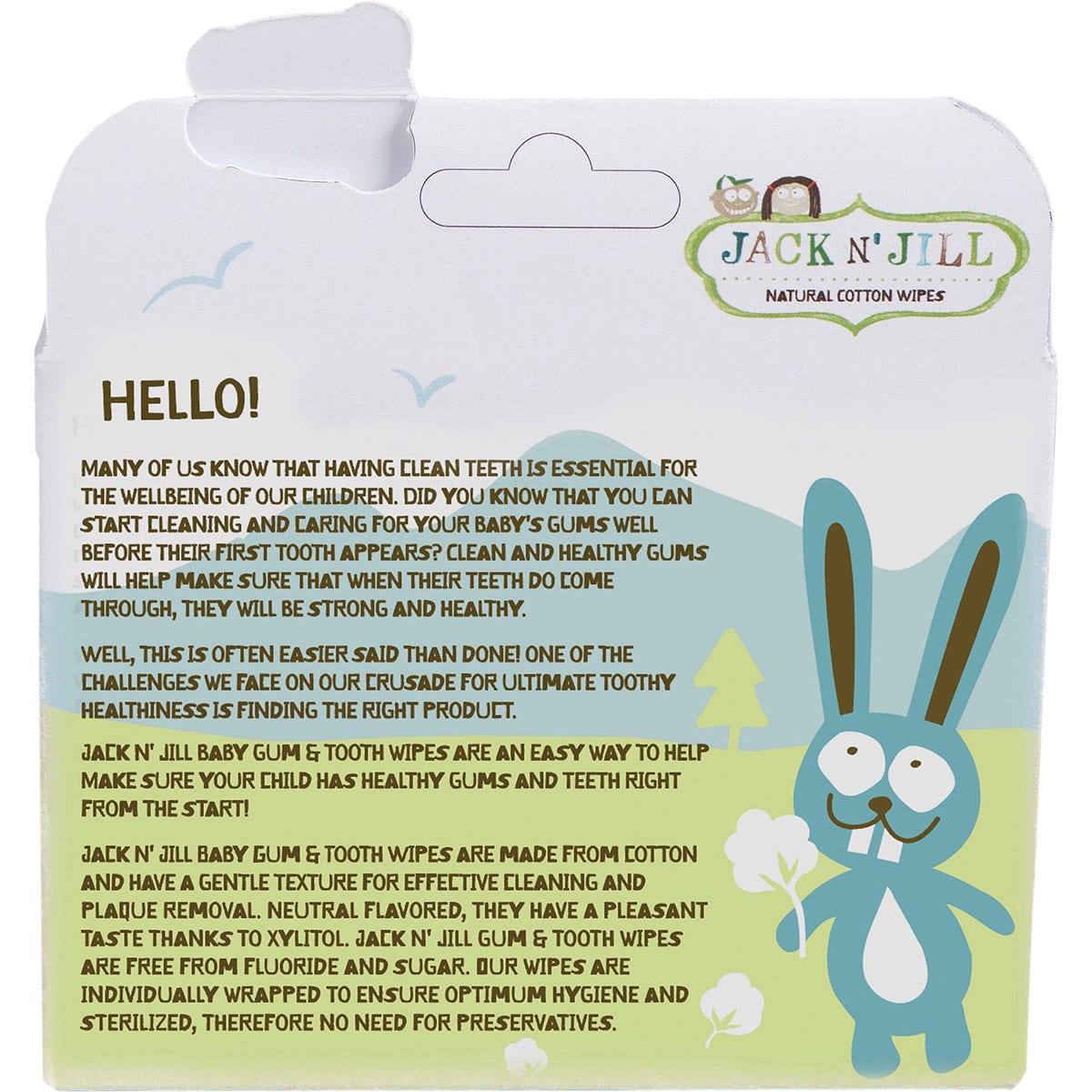 Single Jack N' Jill Baby Gum and Tooth Wipe packet showing a bunny and 100% cotton texture on a white background.