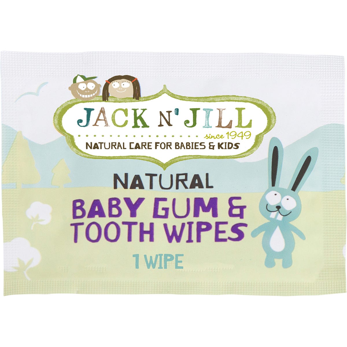 Side view of a Jack N' Jill Baby Gum and Tooth Wipes box showing directions and a barcode on a white background.