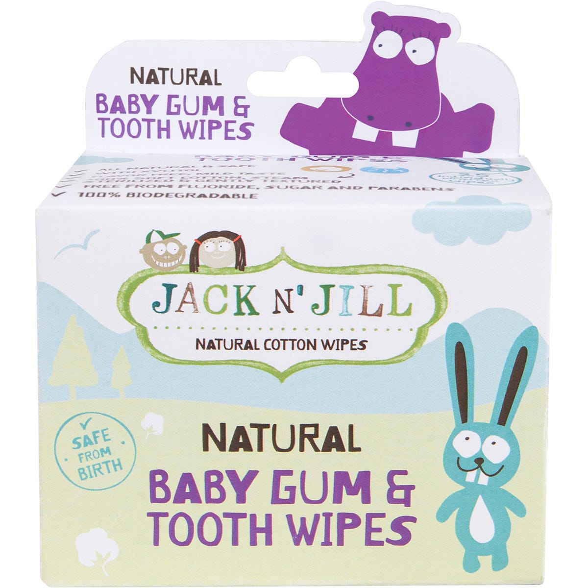 Back of Jack N' Jill Baby Gum and Tooth Wipes box showing ingredients and product features.
