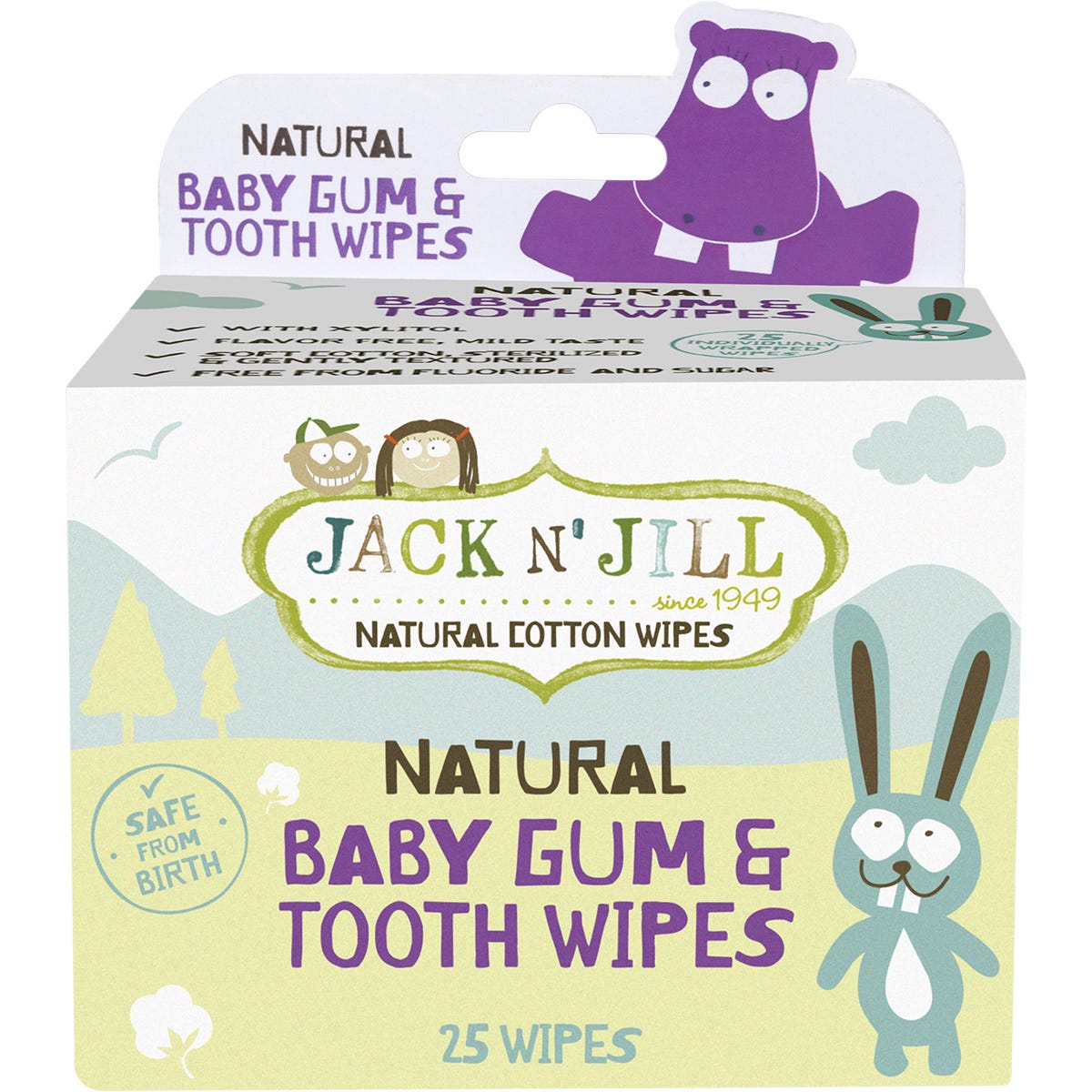 Jack N' Jill 25-pack of Baby Gum and Tooth Wipes box with a cute bunny illustration on a clean white background.